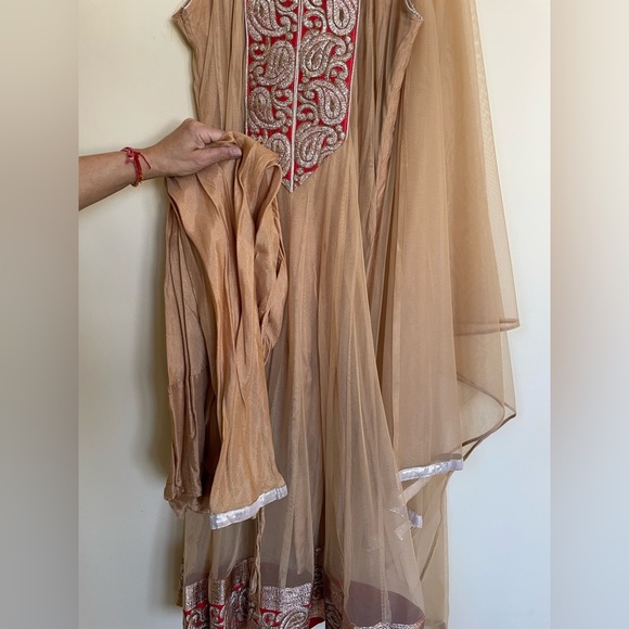 Indian Tan Salwar Suit with Matching Churidaar Style Pant and Dupatta - Picture 5 of 6